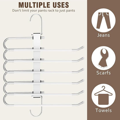 HUITEM 4 Pack 6-Tier Space Saving White Pant Hangers, Anti-Slip, Lightweight, Stainless Steel, Ideal for Closet Organization, Free Installation