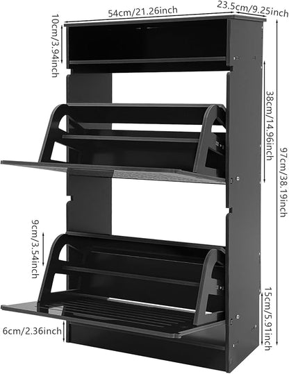 Free Standing Shoe Rack for Entryway, Hidden Narrow Shoe Storage Cabinet w/2 Flip Drawers, Shoe Organizer Cabinet for Bedroom Hallway Home Apartment (Black)