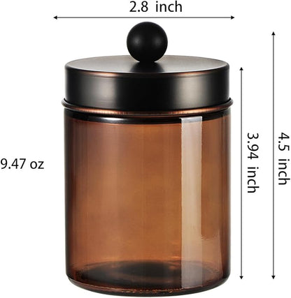 Amber Glass Qtip Holder, Apothecary Jars with ORB Metal Lid & Stickers-Bathroom Qtip Dispenser Storage Organizer Set,Vanity Counter Canister for Cotton Swabs,Round Pads,Floss (3 Pack,ORB)