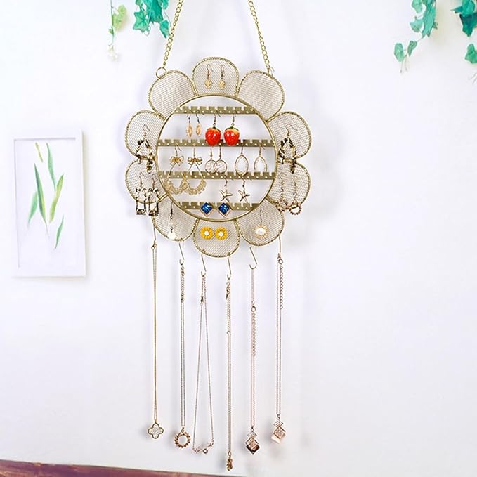 Sunflower Wall Mounted Earring Holder Rack Jewelry Organizer Wall Grid Organizer Necklace Holder Hanging Jewelry Storage for Necklaces Bracelet Stud Earrings Display (Flower)