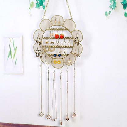 Sunflower Wall Mounted Earring Holder Rack Jewelry Organizer Wall Grid Organizer Necklace Holder Hanging Jewelry Storage for Necklaces Bracelet Stud Earrings Display (Flower)
