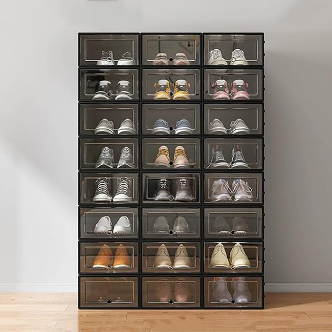 24PCS Transparent Plastic Shoe Box Organizer ,Portable Folding Shoe Rack with Clear Door, Space Saving Sneaker Container Bin Holder,Easy To Clean And Install,Black