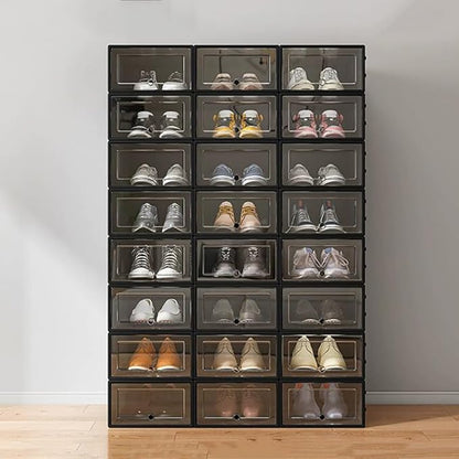 24PCS Transparent Plastic Shoe Box Organizer ,Portable Folding Shoe Rack with Clear Door, Space Saving Sneaker Container Bin Holder,Easy To Clean And Install,Black