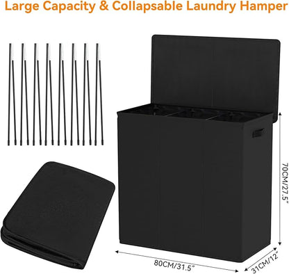 WOWLIVE 180L Laundry Hamper with Lid 3 Section,Large Laundry Basket with Removable Bags and Handles,Collapsible Dirty Clothes Hampers for Laundry,Laundry Basket Organizer for Laundry Room,Dorm,Black