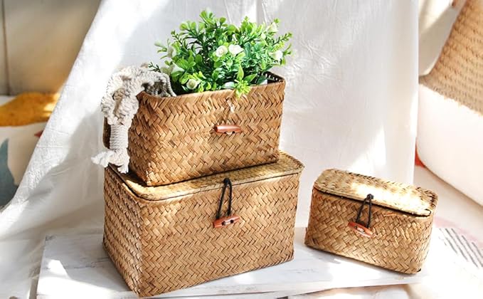 FEILANDUO Shelf Baskets with Lid Set of 3 Handwoven Seagrass Storage Box Wicker Basket Desktop Makeup Organizer Multipurpose Container (Original (S/M/L)