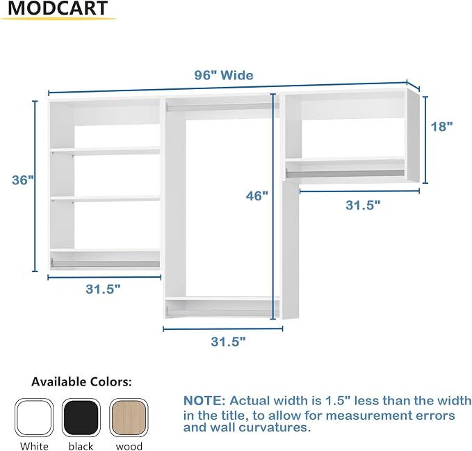Modular Closet, 96" Wide Organizer With Hanging Shelves, Wood Tower Storage for Walk In Closets, Wall Mounted White Wardrobe Organizer
