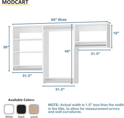 Modular Closet, 96" Wide Organizer With Hanging Shelves, Wood Tower Storage for Walk In Closets, Wall Mounted White Wardrobe Organizer