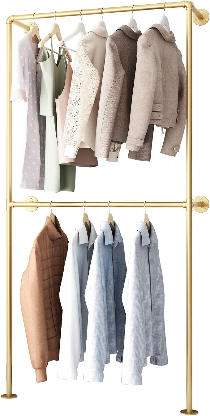 Gold Clothing Racks Wall Mount Clothes Rack, Heavy Duty Industrial Pipe Clothing Rack Retail Display Hanging Rod for Closet Storage, Laundry Room(Gold)