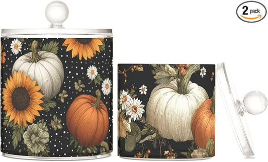 2 Pack Qtip Dispenser Apothecary Jars with Lids Cotton Round Holder Bathroom Canisters for Cotton Swab Floss Ball Pads Clear Plastic Decorative Black Pumpkins Sunflowers Daisy