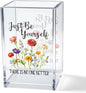 Just Be Yourself Acrylic Makeup Brush Organizer Holder, Motivational Vanity Desk Accessories for Bedroom Office, Inspirational Affirmation Quote Gifts for Women Girls Daughter Sister Coworker