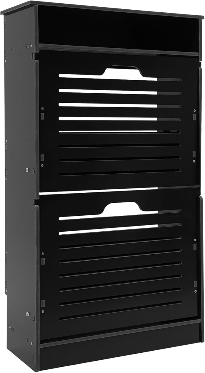 Free Standing Shoe Rack for Entryway, Hidden Narrow Shoe Storage Cabinet w/2 Flip Drawers, Shoe Organizer Cabinet for Bedroom Hallway Home Apartment (Black)