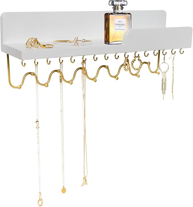 29 Hooks Wall Mount Necklace Holder Organizer, White Decorative Wood Jewelry Shelf with Gold Metal Wave Bar and Guardrail for Necklace, Pendant, Chain, Bracelet, White