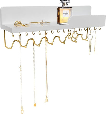 29 Hooks Wall Mount Necklace Holder Organizer, White Decorative Wood Jewelry Shelf with Gold Metal Wave Bar and Guardrail for Necklace, Pendant, Chain, Bracelet, White
