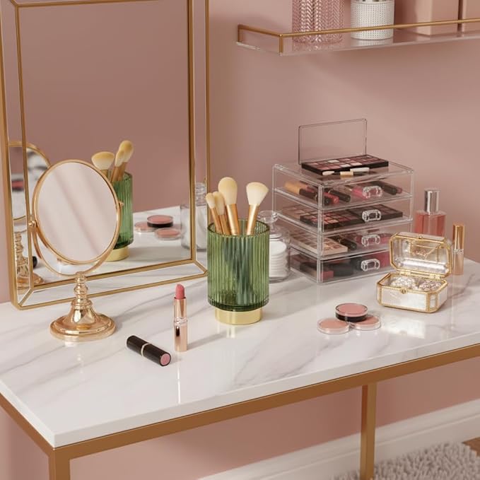 Glass Makeup Brush Holder, Green Makeup Brush Holder for Vanity, Toothbrush Holders for Bathrooms, Desktop Makeup Organizer for Cosmetic, Brushes, Pen, Pencil
