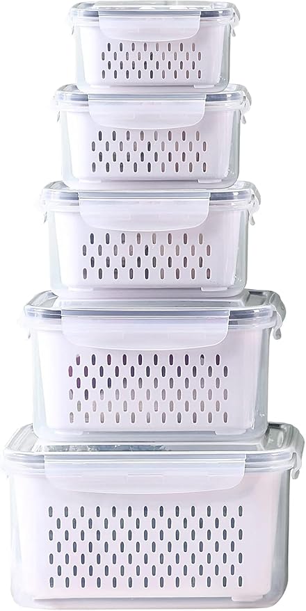 Large Fridge Food Storage Container Set with Lids with Strainer, Fruit Vegetable Storage Containers Keep Fruits, Vegetables, Berry, Meat Fresh longer, BPA-Free Plastic Produce Keepers