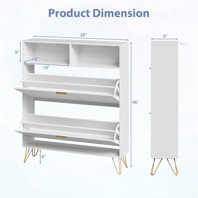 Shoe Cabinet Storage for Entryway, White Shoe Organizer with 2 Flip Drawers & Open Shelf, Hidden Large Shoe Storage Cabinet with Metal Legs, Freestanding Tipping Bucket Shoe Cabiet