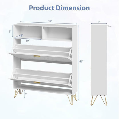 Shoe Cabinet Storage for Entryway, White Shoe Organizer with 2 Flip Drawers & Open Shelf, Hidden Large Shoe Storage Cabinet with Metal Legs, Freestanding Tipping Bucket Shoe Cabiet