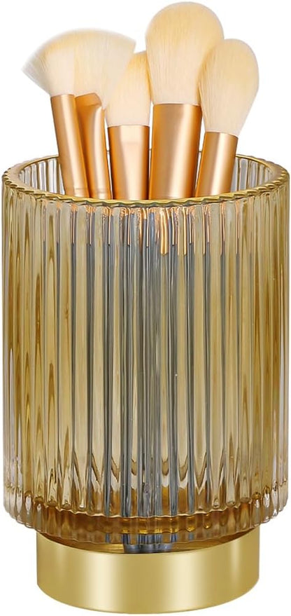 Vintage Makeup Brush Holder Organizer,Dresser Glass Brushes Holder,Vanity Cosmetic Brush Holder,Desktop Crystal Eyeliners Eyebrow Pencil Storage Cup Holder for Countertop (Large Amber)