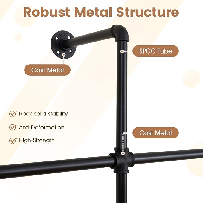 Giantex Industrial Pipe Clothing Rack, 42" Wall Mounted Heavy-Duty Metal Garment Organizer with 2 Hanging Rods, 2-Tier Walk-in Closet System for Wardrobe Closet, Retail Display