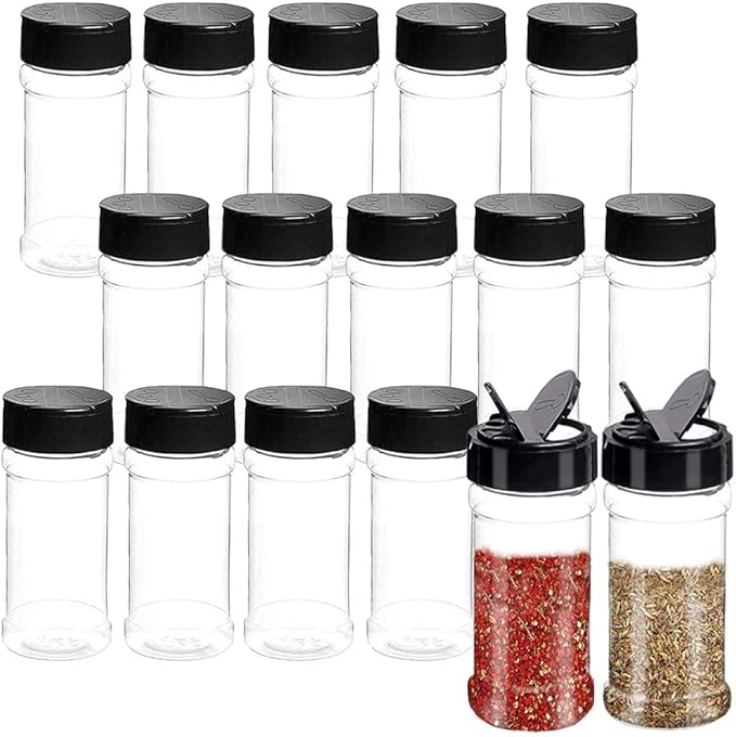 16 PCS 3.5oz Plastic Seasoning Containers with Black Screw Lids to Pour or Shake,Portable Empty Clear Spice Jars,Storage Seasoning Containers for Spice,Powders,Peppers