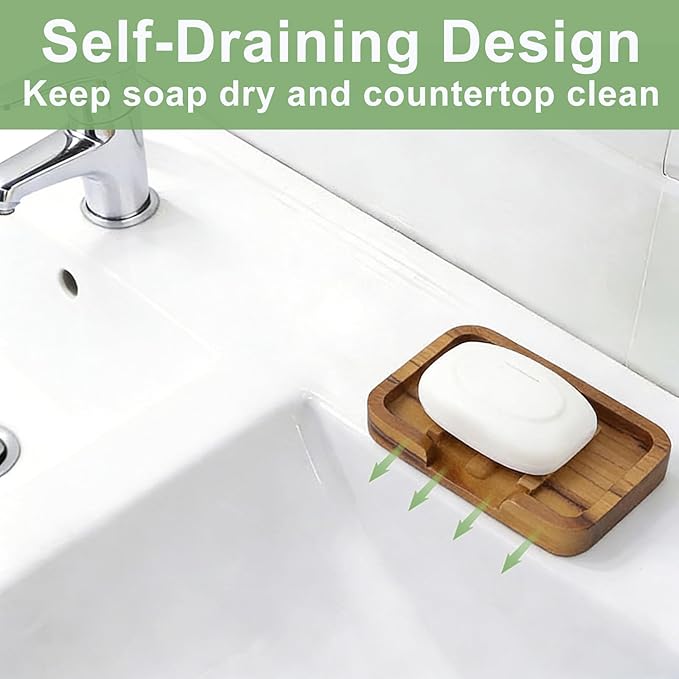 Self Draining Soap Dish by HTB,Teak Wood Soap Holder,Sponge Holder for Kitchen,Soap Saver for Shower, Bathroom, Sink, Kitchen and Countertop