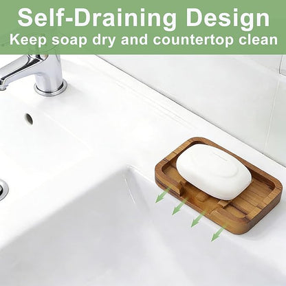 Self Draining Soap Dish by HTB,Teak Wood Soap Holder,Sponge Holder for Kitchen,Soap Saver for Shower, Bathroom, Sink, Kitchen and Countertop