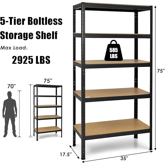 Tangkula 72" Storage Shelves, Heavy Duty Steel Frame 5-Tier Garage Shelf, Metal Multi-Use Storage Shelving Unit for Home/Office/Dormitory/Garage (1, Black)