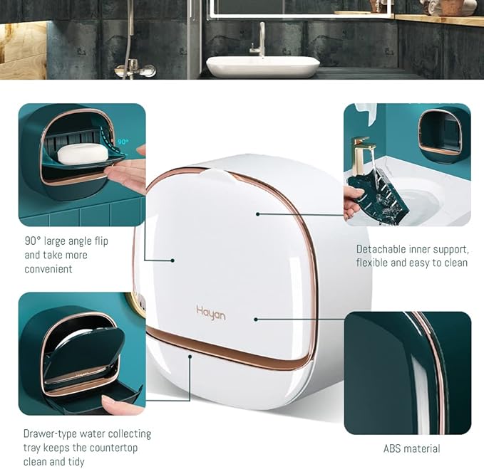 Luxury Soap Holder with Drain Tray, Waterproof Soap Dish Holder, Keep Soap Bars Dry, Adhesive Soap Case Box Wall Mounted for Shower, Bathroom, Bathtub, White