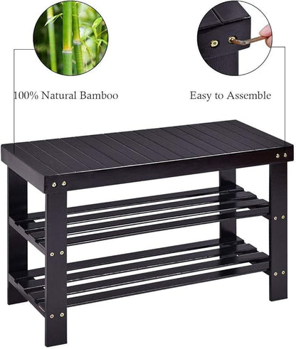 GOFLAME Shoe Bench Rack, 2-Tier Bamboo Seat Storage Shelf, Free Standing Shoe Storage Bench with Stylish and Modern Design, Shoe Organizer for Décor Entryway, Hallway, Living Room, Bathroom (Black)