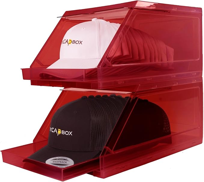 The CapBox 2.0 (2 Pack Red) Hat Organizer for Baseball Caps, Stackable Sliding Tray Hat Rack & Hat Holder Hat Hanger Cap Storage Container 2 Yr. Warranty Anti Tilting & Tray Stopper