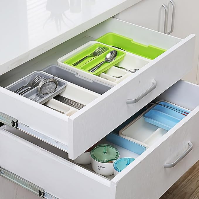 HornTide 3-in-1 Cutlery Tray, Expandable Utensils Holder, Plastic Kitchen Drawer Organizer for Silverware Storage and More - Gray