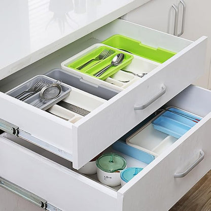 HornTide 3-in-1 Cutlery Tray, Expandable Utensils Holder, Plastic Kitchen Drawer Organizer for Silverware Storage and More - Gray