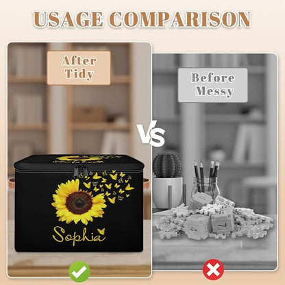 Custom Sunflower Storage Bins with Lid, Foldable Personalized Storage Basket Boxes with Handle Shelf Basket Closet Organizer Cube