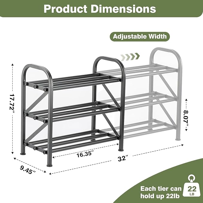 3-Tier Shoe Rack for Closet, 16"-32" Expandable ShoeRackAdjustable for Entryway Closet Doorway SturdyMetal, Black