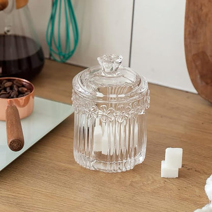 Decorative Glass Jar with Lid, Clear Apothecary Jar Crystal Canister Jar Bathroom Vanity Organizer for Cotton Ball & Swab, Cotton Pads, Hair Band, Jewelry, Tea and Candy Storage