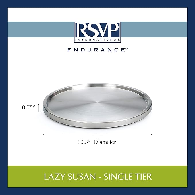 RSVP International Endurance TURN-1 Turntable Lazy Susan, Stainless Steel, 10.5" | Handy in Cabinet, Refrigerator or on Counters | Organize Spices, Canned Foods, Pots, Pans, Dinnerware, 10.5 Inch