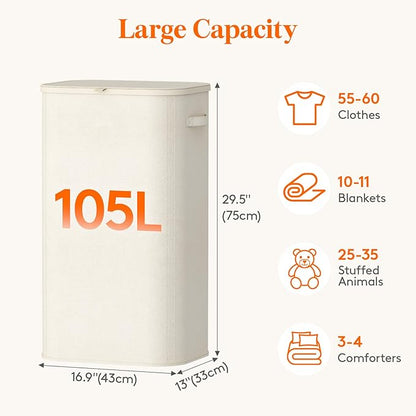 Lifewit 105L Large Laundry Basket with Lid, Laundry Hamper with Plastic Handles and Removable Bag, Foldable Tall Dirty Clothes Hampers for Laundry for Laundry Room, Bedroom, Bathroom, Dorm, White