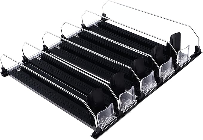 KIMISS Drink Organizer for Fridge Spring Loaded Adjustable Push Rod Slide Rail Soda Can Dispenser for Beer Beverages 38cm Black (Black)