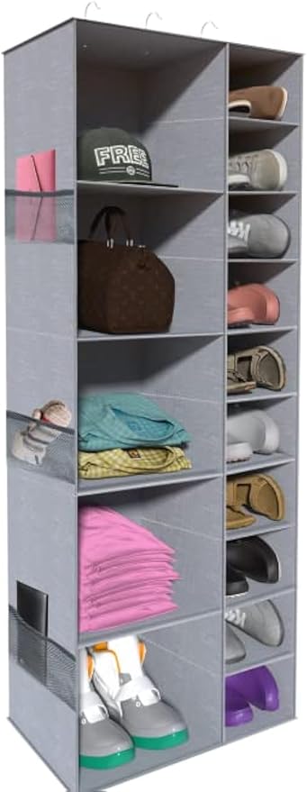 Hanging Shoe Closet Storage Organizer, 10+5 Sections Closet Organizers and Storage Shelves Shoe Rack Holder Hanger, Grey