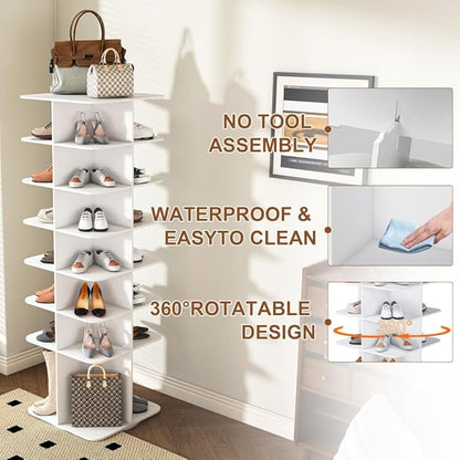 Shoe Organizer 7-Tier Spinning Shoe Rack - 360° Rotating Storage Organizer for 20-30 Pairs, Space Saving Narrow Design for Entryway/Closet Closet Handbag Display Rotate (White + Square)