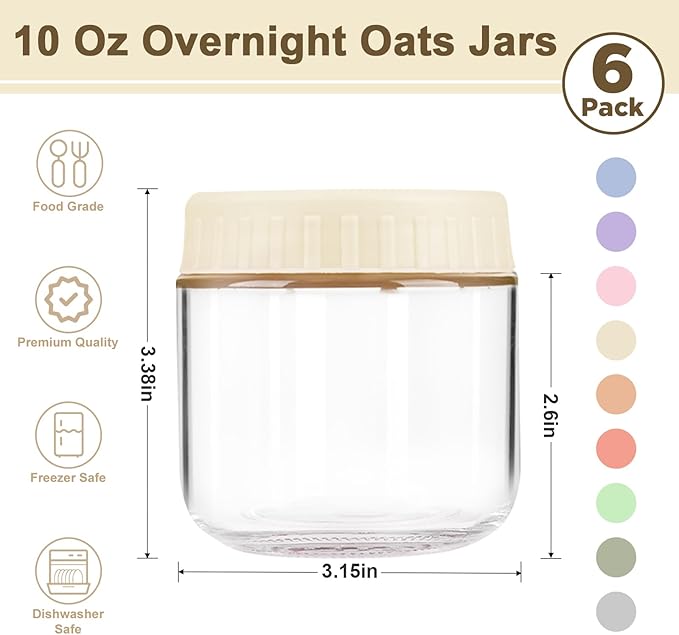 Overnight Oats Containers with Lids, 10oz Wide Mouth Mason Jars with Lids, 6 Pack Glass Jars with Airtight lid for Chia Pudding Yogurt Salad, Meal Prer Oatmeal Jars, Yellow