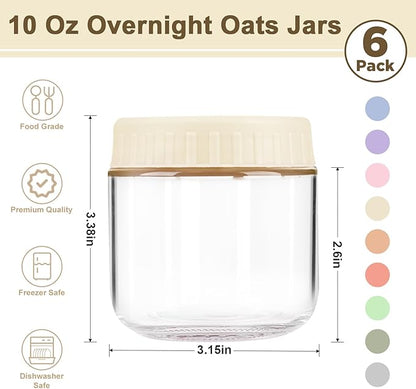 Overnight Oats Containers with Lids, 10oz Wide Mouth Mason Jars with Lids, 6 Pack Glass Jars with Airtight lid for Chia Pudding Yogurt Salad, Meal Prer Oatmeal Jars, Yellow