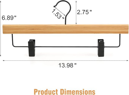 TOPIA HANGER Pants Hangers 10 Pack, Bamboo Clothes Hangers with Black Clips and Rotatable Hook, Durable Natural Wooden Hangers for Skirts, Pants, Jeans, Shorts - CTS04