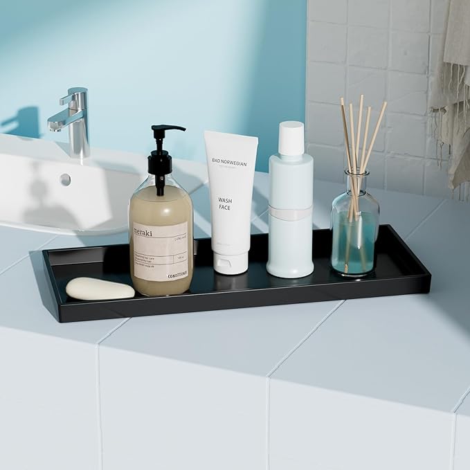 Vanity and Bathroom Tray, 15" ABS Countertop Organizer,Waterproof Vanity Tray for Toilet Tank,Perfume,Soap,Keys,Bathroom Accessories,Kitchen and Bath Trays,Non Slip Small Trays,Black,2 Pack