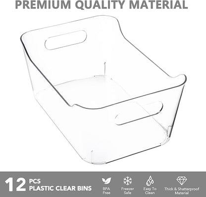 Tiawudi 12 Pack Plastic Storage Bins, Multi-Use Organizer Bins, Pantry Organizer, Clear Storage Containers for Home, Kitchen, Office, Cabinet, Shelf and Fridge Organization