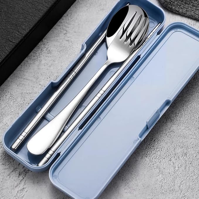 Kakalote 2 Pcs Portable Cutlery Case, Simple Reusable Camping Cutlery Case for Travelling, Work and School (Blue+Pink)