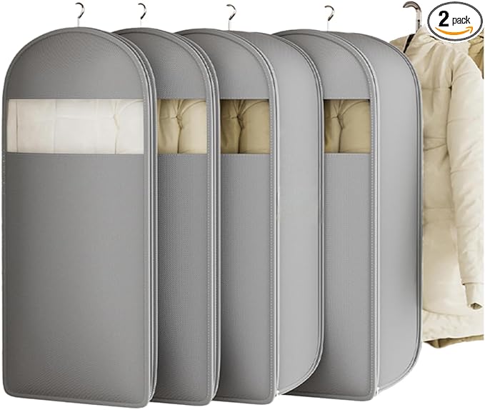 2 Packs Breathable Hanging Garment Bags for Clothes & Suits - 52" Fabric Suit Bags for Closet Storage, Garment Covers for Coats, Dresses, Jackets, Shirts, Wardrobe Protector (grey)