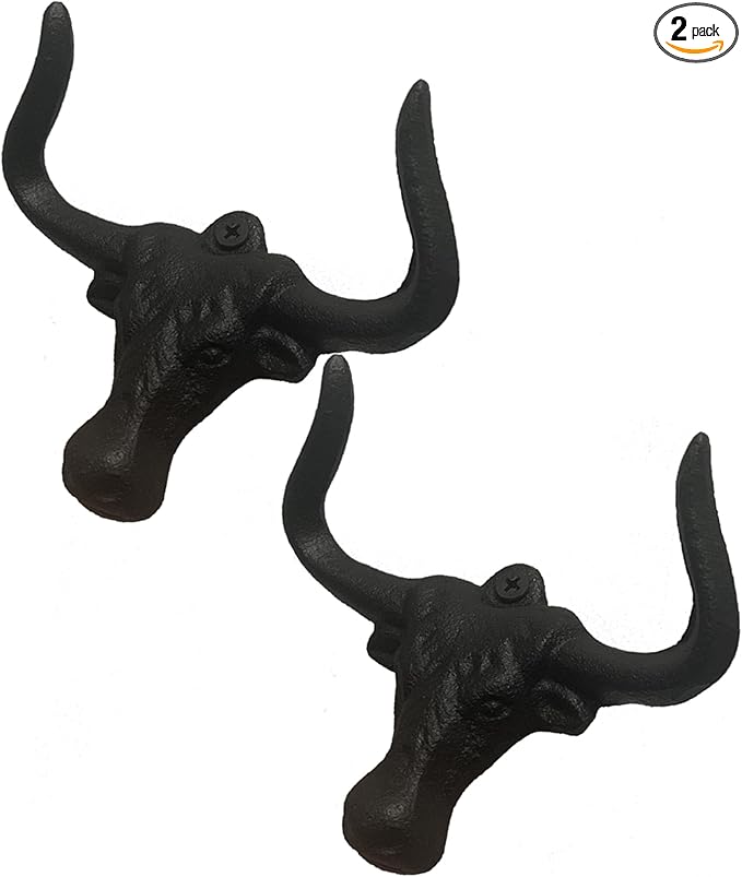 Cowboy Hat Holder for Wall, 2 Pack Cowboy Hat Rack Cast Iron Hat Holder Cowgirl Hat Hooks Vintage Western Wall Decor for Bathroom Entryway Closet Cow Bull Animal Farmhouse Gift Antique Rust (2)