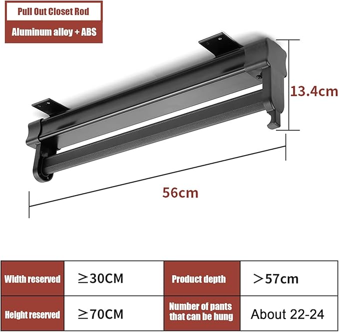 Heavy Duty Retractable Pull Out Pants Rack,Aluminum Alloy Pull Out Closet Valet Rod,Extendable Wardrobe Rail Tube for Hanging Clothes, Top Mount (Color : Black, Battery *1 : 56cm)