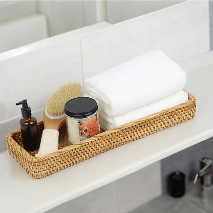 Rattan Bathroom Tray Countertop, Wicker Toilet Tank Basket, Decorative Bathroom Vanity Tray for Decor Coffee Table